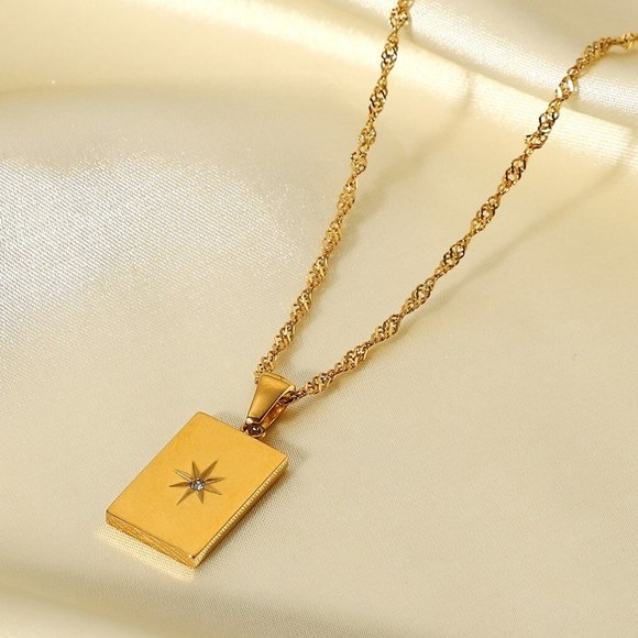 Star Zircon PVD 18K Gold Plated Rectangle Pendant Necklace Stainless Ste… - Picture 5 of 9